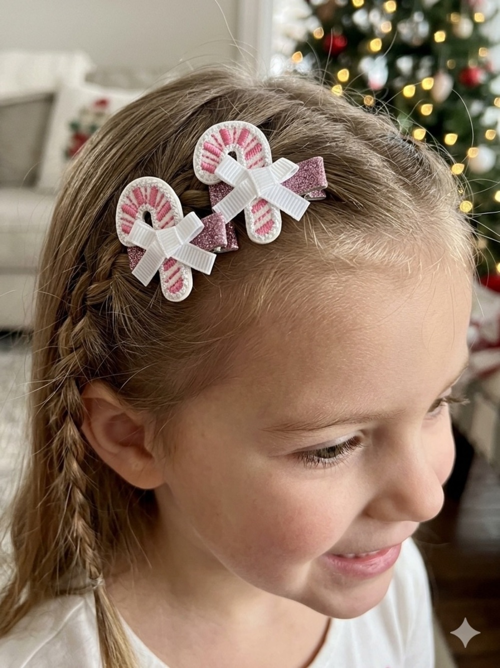 SWEET WINK Candy Cane Glitter Ribbon Hair Clips Set of 2 White/Pink NWT